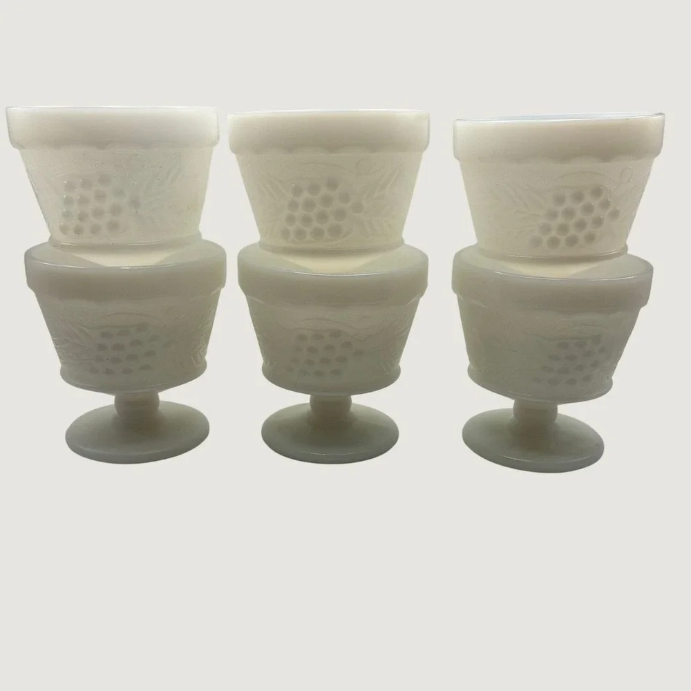Vintage Milk Glass Dessert Cups Set of 6 White Grape Embossed Footed 3.75in